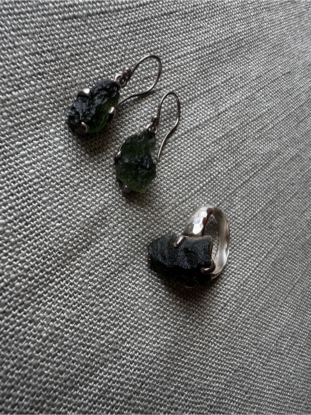 Real moldovite Dangle Earrings and Ring Set - Women's Jewelry